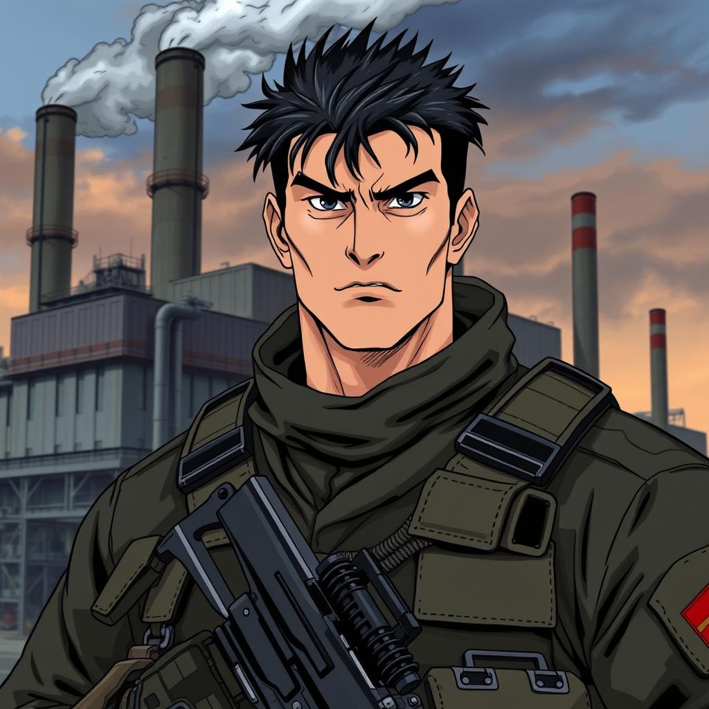 A serious special forces soldier named Andrew Strela, in the style of 90's anime, with a facial expression resembling Guts from Berserk