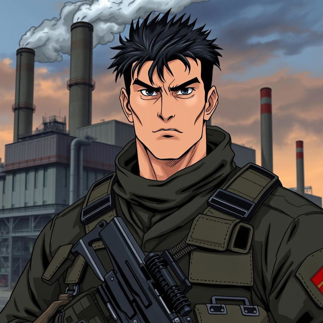 A serious special forces soldier named Andrew Strela, in the style of 90's anime, with a facial expression resembling Guts from Berserk