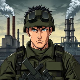 A serious special forces soldier named Andrew Strela, in the style of 90's anime, with a facial expression resembling Guts from Berserk