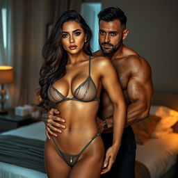 A hot sultry couple photoshoot set in a luxurious bedroom, featuring a 22-year-old Arab woman wearing a transparent wet bikini that highlights her navel