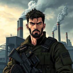 A serious special forces soldier named Andrew Strela, depicted in a 90's anime style with a touch of realism, featuring a facial expression resembling Guts from Berserk