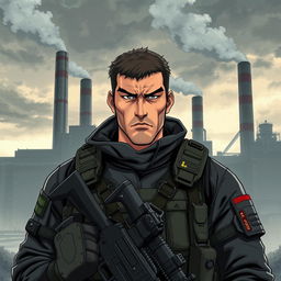 A serious special forces soldier named Andrew Strela, depicted in a 90's anime style with a touch of realism, featuring a facial expression resembling Guts from Berserk