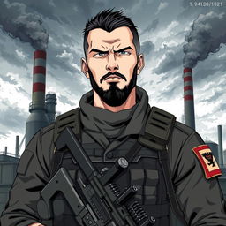 A serious special forces soldier named Andrew Strela, depicted in a 90's anime style with a touch of realism, featuring a facial expression resembling Guts from Berserk