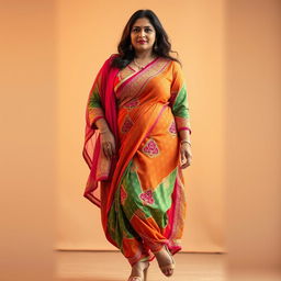 A stunningly beautiful Indian woman wearing a vibrant shalwar kameez, showcasing her curvy and thick figure