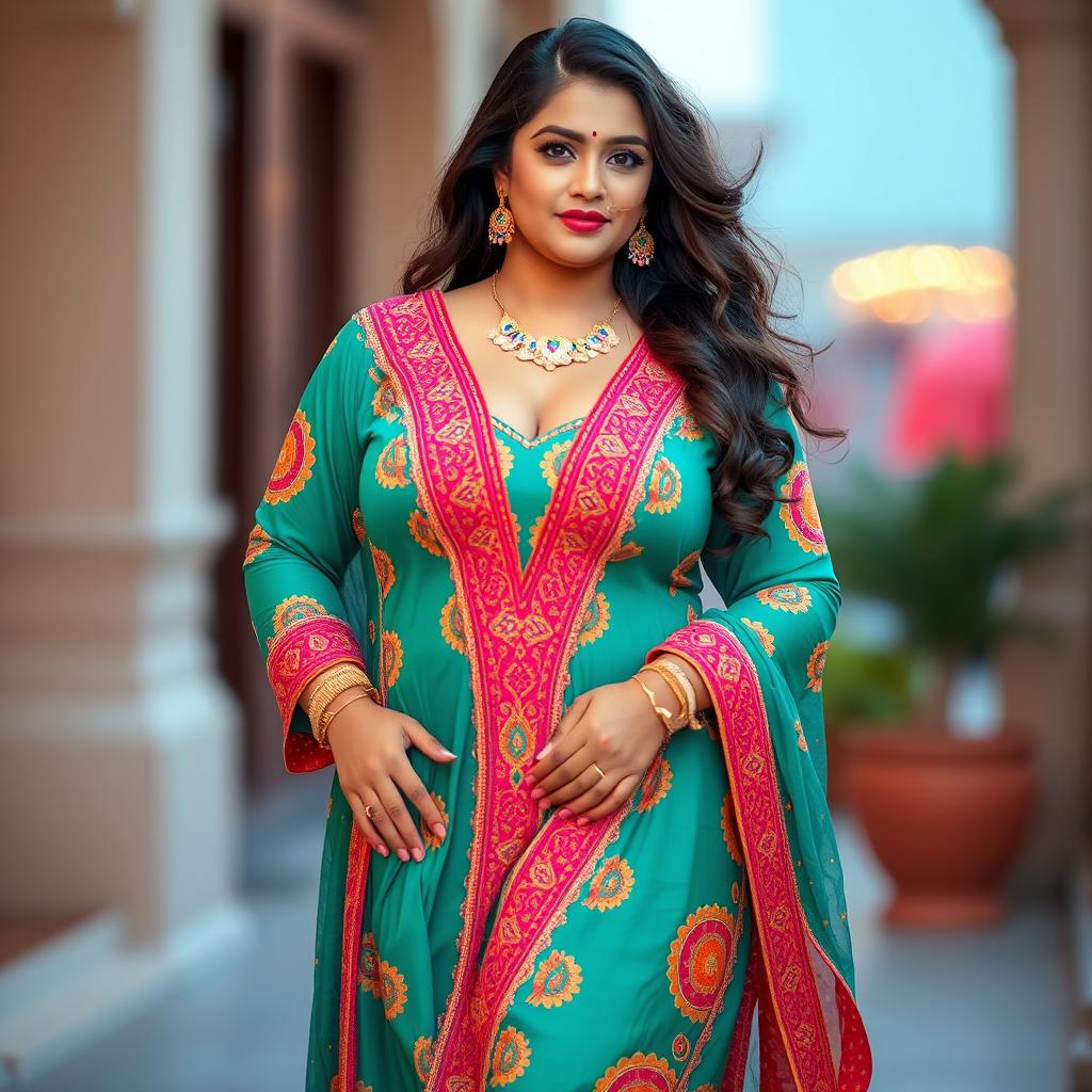 A stunningly beautiful Indian woman wearing a vibrant shalwar kameez, showcasing her curvy and thick figure