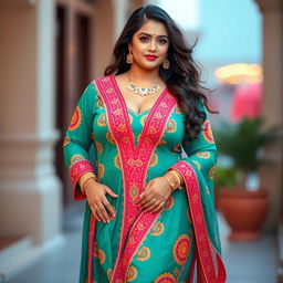 A stunningly beautiful Indian woman wearing a vibrant shalwar kameez, showcasing her curvy and thick figure