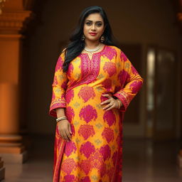 A stunningly beautiful Indian woman wearing a vibrant shalwar kameez, showcasing her curvy and thick figure