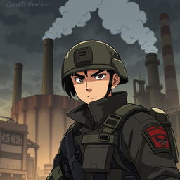 A special forces soldier set against the backdrop of an industrial factory, illustrated in the style of a mature-themed anime or animated series