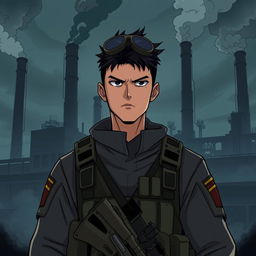 A special forces soldier set against the backdrop of an industrial factory, illustrated in the style of a mature-themed anime or animated series