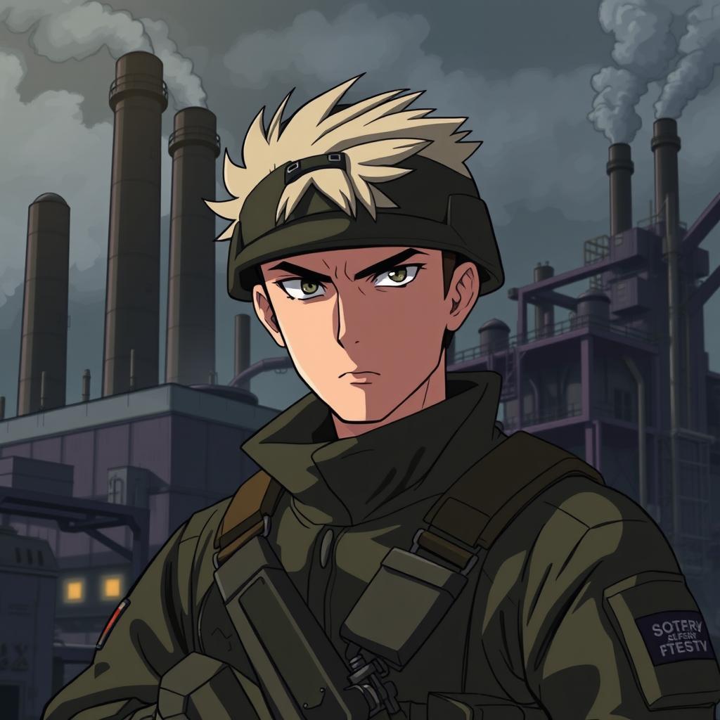 A special forces soldier set against the backdrop of an industrial factory, illustrated in the style of a mature-themed anime or animated series