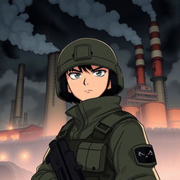 A special forces soldier set against the backdrop of an industrial factory, illustrated in the style of a mature-themed anime or animated series