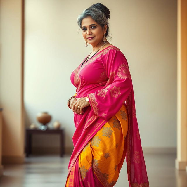 A stunningly beautiful Indian woman, 55 years old, with grey hairs styled in a bun, wearing a vibrant shalwar kameez that highlights her curvy and thick figure