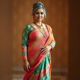 A stunningly beautiful Indian woman, 55 years old, with grey hairs styled in a bun, wearing a vibrant shalwar kameez that highlights her curvy and thick figure