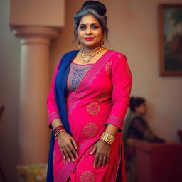 A stunningly beautiful Indian woman, 55 years old, with grey hairs styled in a bun, wearing a vibrant shalwar kameez that highlights her curvy and thick figure