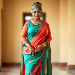 A stunningly beautiful Indian woman, 55 years old, with grey hairs styled in a bun, wearing a vibrant shalwar kameez that highlights her curvy and thick figure