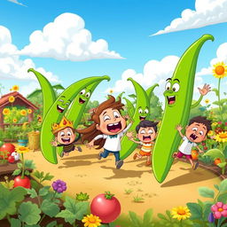 A whimsical scene where multiple cartoon characters humorously run away from giant green beans that are playfully chasing them