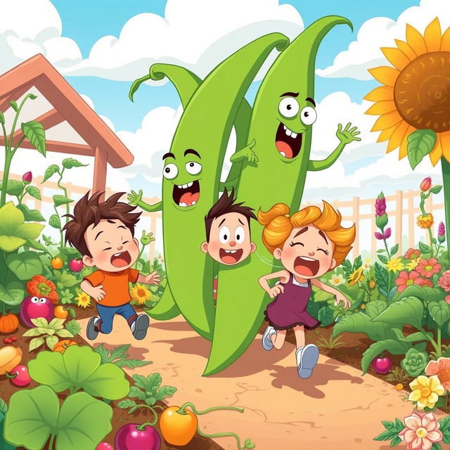 A whimsical scene where multiple cartoon characters humorously run away from giant green beans that are playfully chasing them