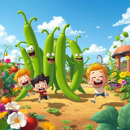 A whimsical scene where multiple cartoon characters humorously run away from giant green beans that are playfully chasing them