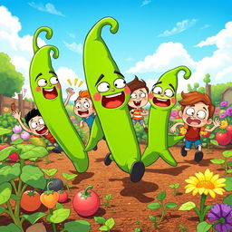 A whimsical scene where multiple cartoon characters humorously run away from giant green beans that are playfully chasing them