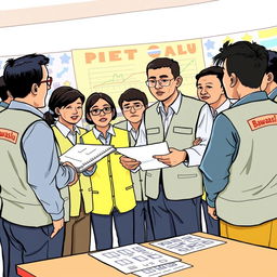 A 2D illustration depicting several election supervisors in Indonesia, all wearing vests labeled 'Bawaslu'