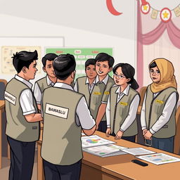 A 2D illustration depicting several election supervisors in Indonesia, all wearing vests labeled 'Bawaslu'