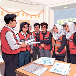 A 2D illustration depicting several election supervisors in Indonesia, all wearing vests labeled 'Bawaslu'