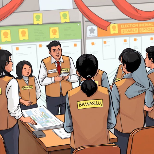 A 2D illustration depicting several election supervisors in Indonesia, all wearing vests labeled 'Bawaslu'