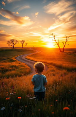 A book cover design featuring a sunset background over a vast meadow