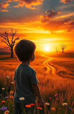 A book cover design featuring a sunset background over a vast meadow