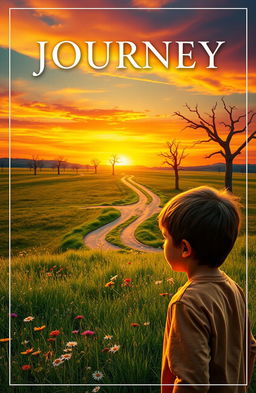 A book cover design featuring a sunset background over a vast meadow