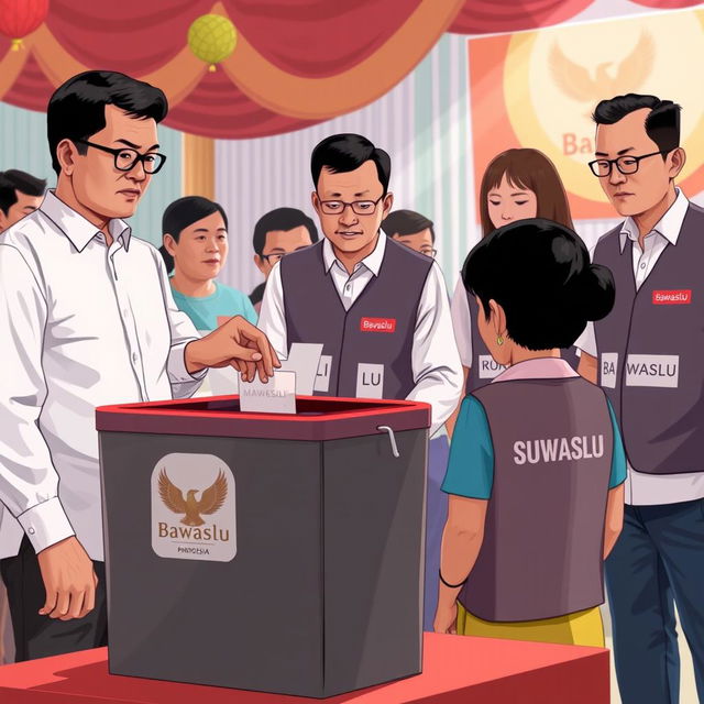 A 2D illustration showing several election supervisors in Indonesia wearing vests labeled 'Bawaslu'