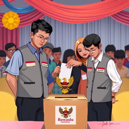 A 2D illustration showing several election supervisors in Indonesia wearing vests labeled 'Bawaslu'