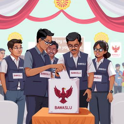 A 2D illustration showing several election supervisors in Indonesia wearing vests labeled 'Bawaslu'