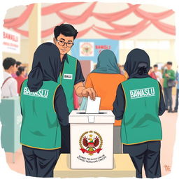A 2D illustration capturing several election supervisors in Indonesia wearing vests labeled 'Bawaslu'