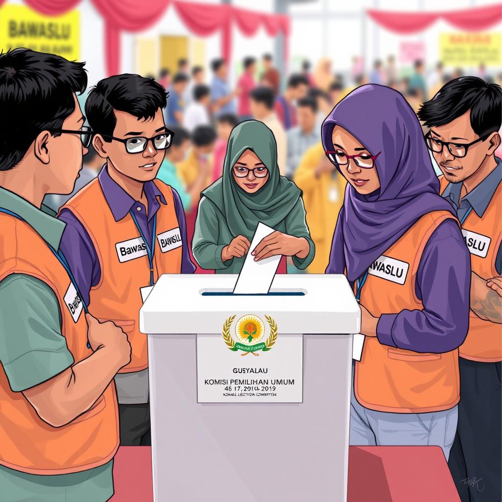 A 2D illustration capturing several election supervisors in Indonesia wearing vests labeled 'Bawaslu'