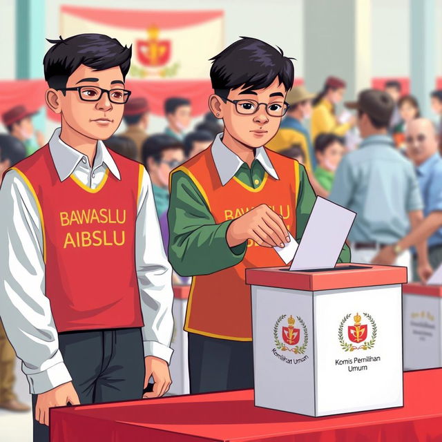 A 2D illustration capturing several election supervisors in Indonesia wearing vests labeled 'Bawaslu'