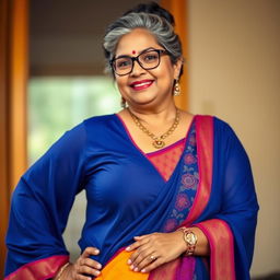 A stunningly beautiful Indian woman, 55 years old, with grey hairs styled in a bun and wearing stylish glasses