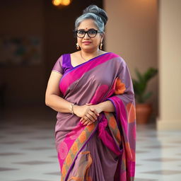 A stunningly beautiful Indian woman, 55 years old, with grey hairs styled in a bun and wearing stylish glasses
