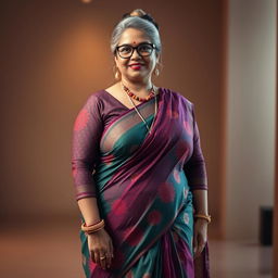 A stunningly beautiful Indian woman, 55 years old, with grey hairs styled in a bun and wearing stylish glasses