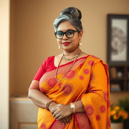 A stunningly beautiful Indian woman, 55 years old, with grey hairs styled in a bun and wearing stylish glasses