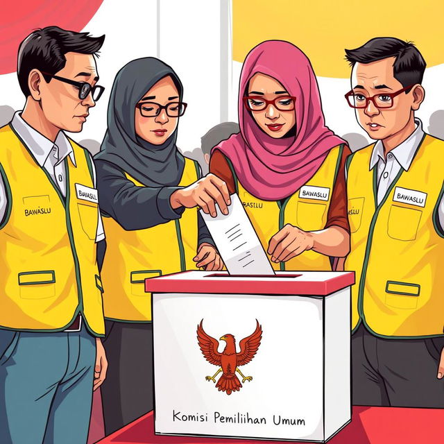 A 2D illustration depicting several election supervisors in Indonesia wearing vests labeled 'Bawaslu'