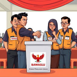 A 2D illustration depicting several election supervisors in Indonesia wearing vests labeled 'Bawaslu'