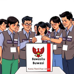 A 2D illustration depicting several election supervisors in Indonesia wearing vests labeled 'Bawaslu'