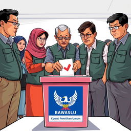 A 2D illustration depicting several election supervisors in Indonesia wearing vests labeled 'Bawaslu'