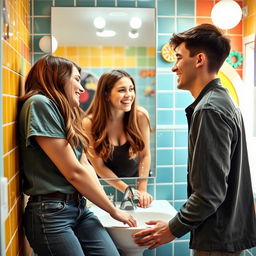 A teenage girl and her boyfriend happily chatting together in a brightly lit and colorful bathroom