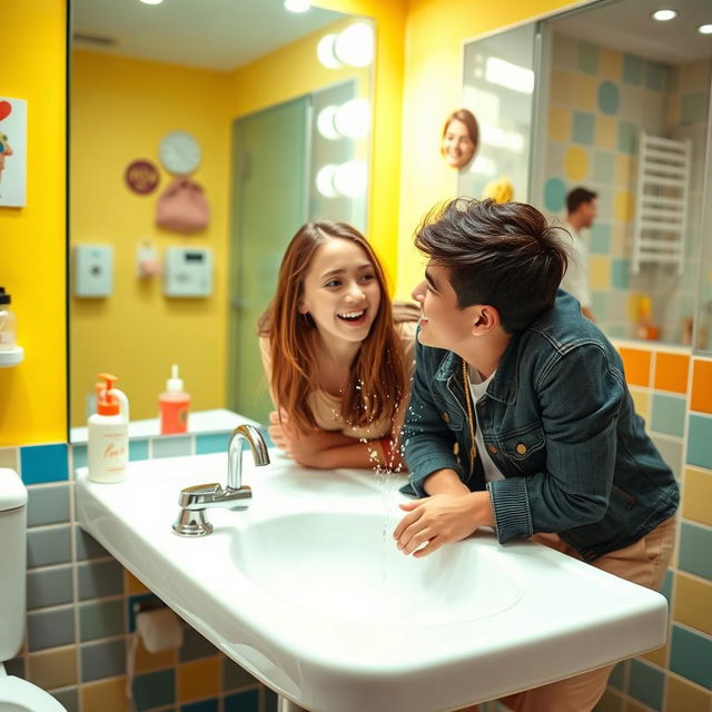 A teenage girl and her boyfriend happily chatting together in a brightly lit and colorful bathroom