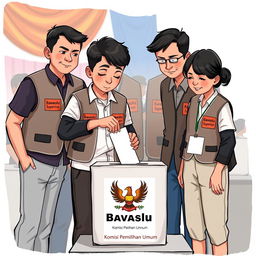 A 2D illustration depicting several election supervisors in Indonesia wearing vests labeled 'Bawaslu'