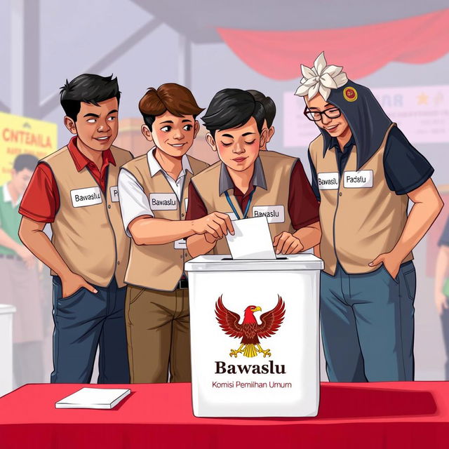 A 2D illustration depicting several election supervisors in Indonesia wearing vests labeled 'Bawaslu'