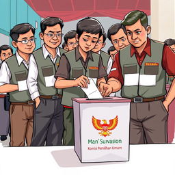 A 2D illustration depicting several election supervisors in Indonesia wearing vests labeled 'Bawaslu'