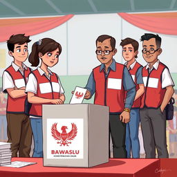 A 2D illustration depicting several election supervisors in Indonesia wearing vests labeled 'Bawaslu'